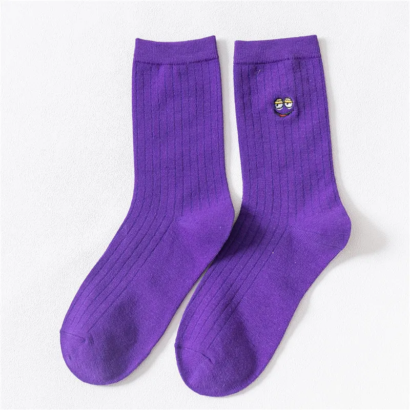 Purple Кавайные модные забавные носки-трубы средней высоты с вышивкой ярких цветов, мягкие теплые зимние хлопковые носки, рождественский подарок - Цвет: Purple