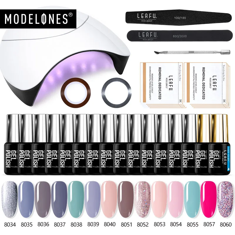 Modelones 22 шт./лот 36 Вт Светодиодная лампа для ногтей гелевые инструменты для лака наборы замачивания от основания верхнее покрытие Полупостоянный светодиодный гель Гибридный полировальный набор