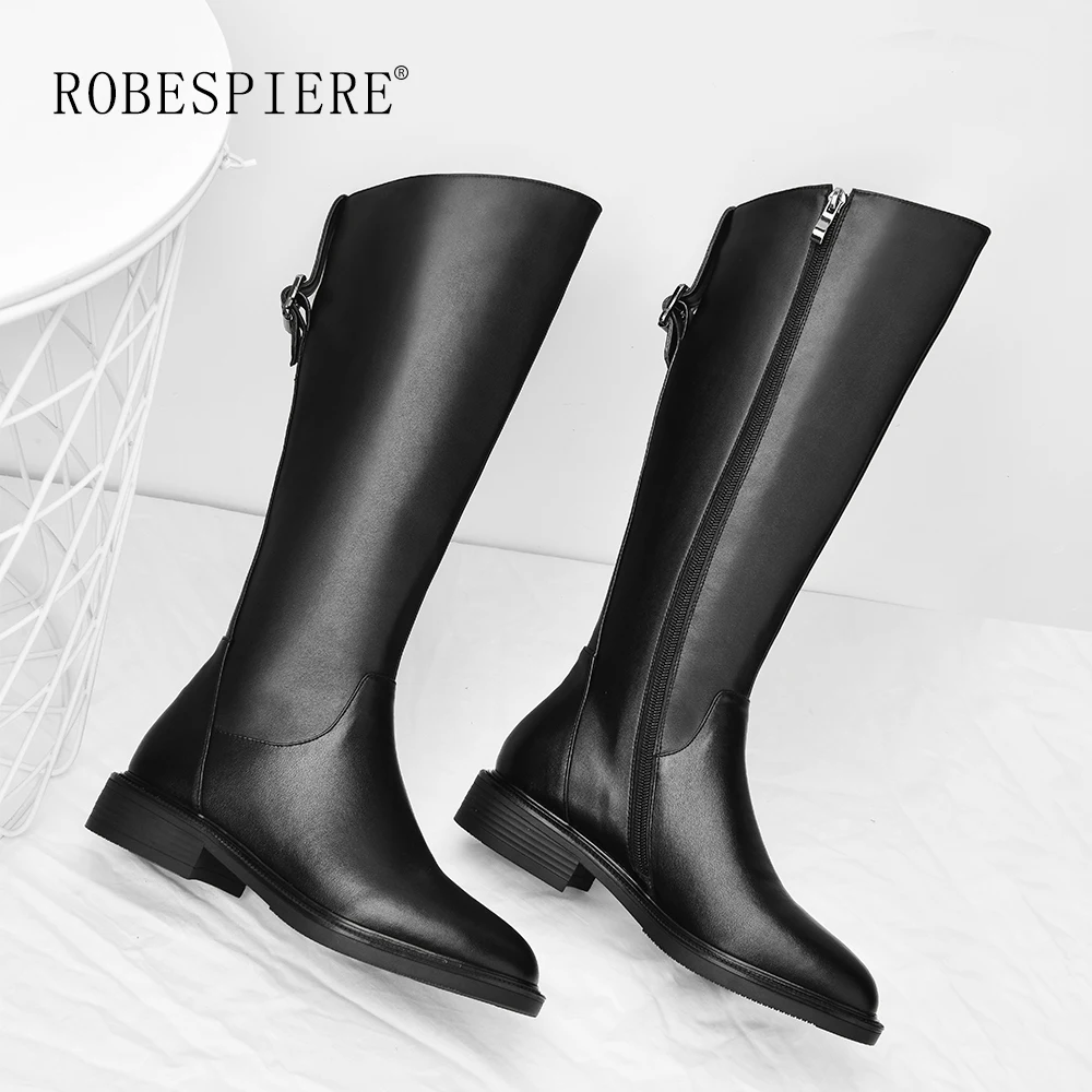 ROBESPIERE Европейский стиль, цвет черный сапоги до колена Высокие сапоги для Для женщин из натуральной кожи; обувь на молнии пряжки для девочек Теплый плюш зимние сапоги B156