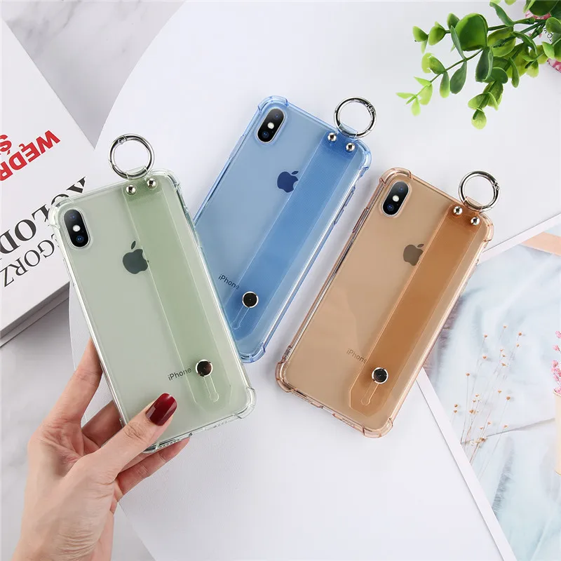 

KJOEW Soft Silicone Transparent Phone Holder Case For iphone XR X Xs max 7 8 6 6s plus Clear Phone Case Wrist Strap Back Cover