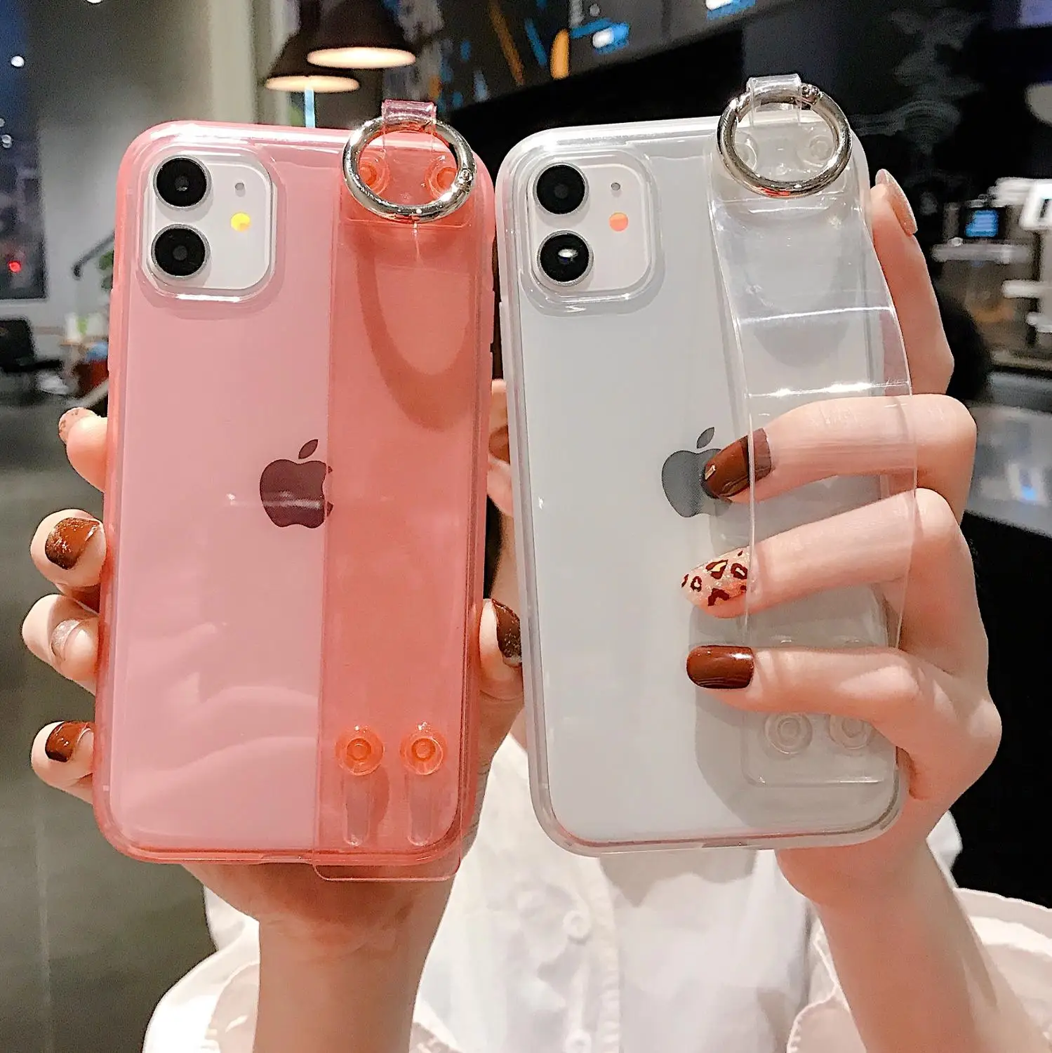 

Colorful Transparent Holder Phone Case For iPhone 11 X XR XS Max 6 6S 7 8 Plus Soft TPU Clear Wrist Strap Shockproof Back Cover