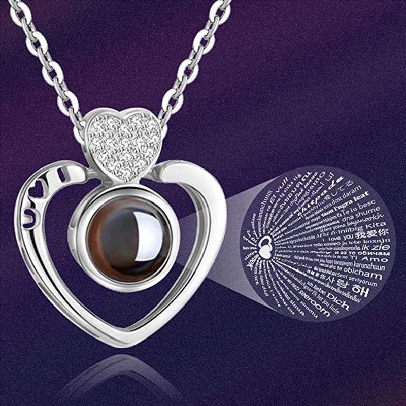 Silver 3UMeter ожерелье с сердечком для женщин 100 языков I Love you Проецирование кулон ожерелье воспоминания о романтической любви свадебное ожерелье - Окраска металла: Silver
