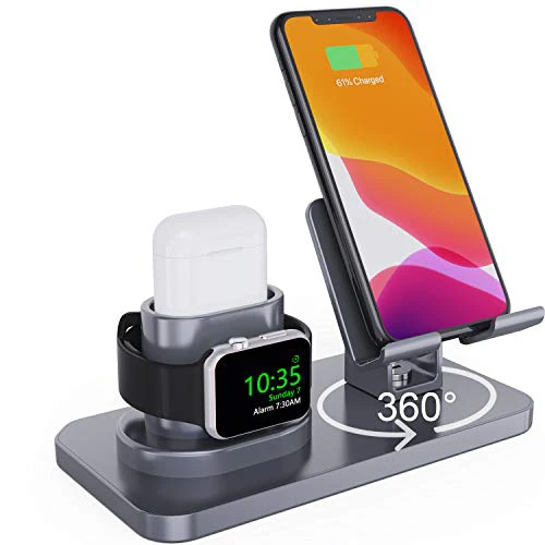Серый HAIQINGTAO для Apple Watch charger Stand Airpods Dock, подставка для мобильного телефона с вращением, Настольная Подставка для зарядки - Цвет: Серый