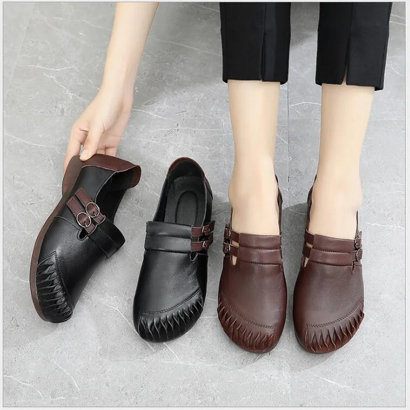 Spring Flat Shoes Woman Retro Flats Women Casual Shoes Genuine Leather Soft Bottom Fashion Ladies Leather Shoes Size 41