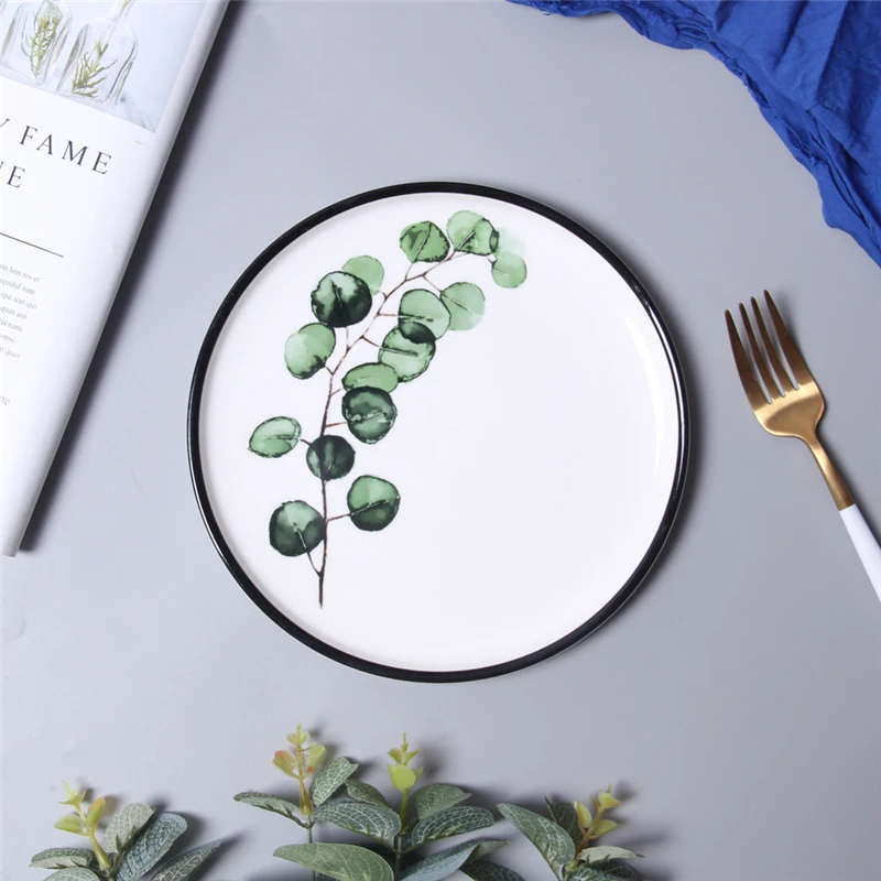 Креативные керамические тарелки в скандинавском стиле с зеленым растительным узором, декоративное блюдо для дома, кухни, круглая посуда для еды, салата, стейка, завтрака