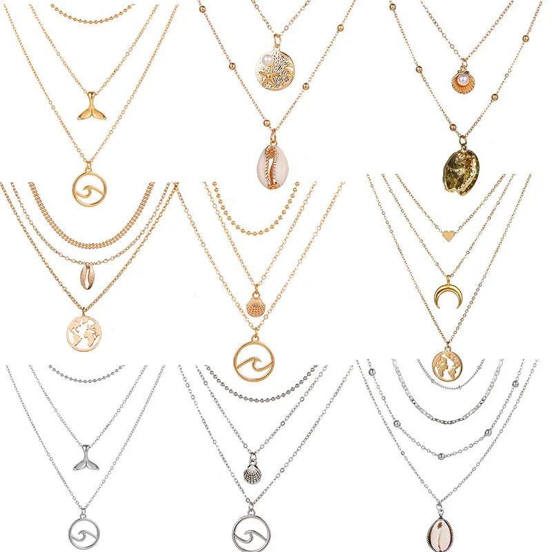 

Bohemian Multilayer Geometric Pendant Necklace for Women Vintage Seashell Wave Beach Pendant Collar Necklace Jewelry Accessories