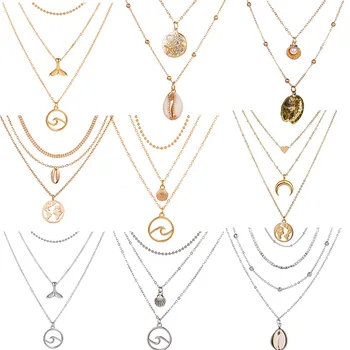 

Bohemian Multilayer Geometric Pendant Necklace for Women Vintage Seashell Wave Beach Pendant Collar Necklace Jewelry Accessories