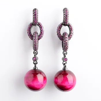 

Round Red Tiger's Eye Fuchsia Cz pave Ring Stud Earrings