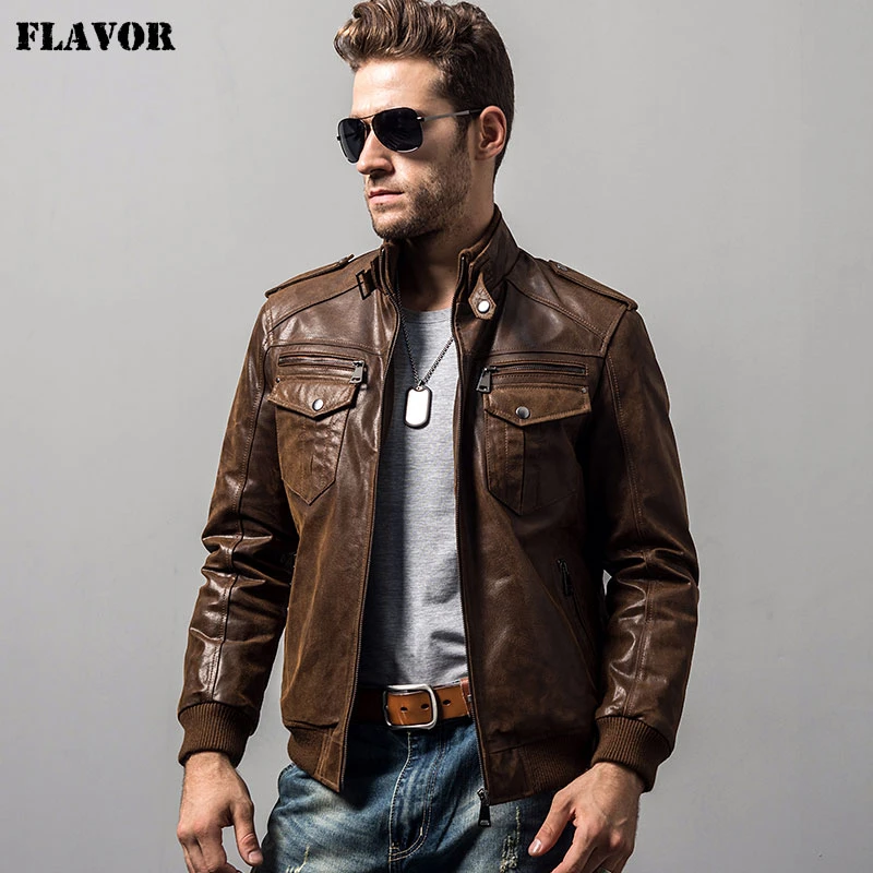 Men's Pigskin Motorcycle Real Leather Jacket Padding Cotton Winter Warm ...