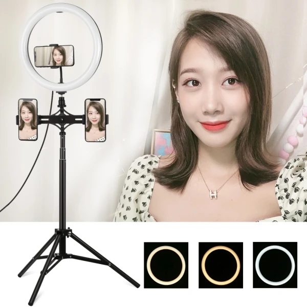 1.65m Tripod Mount Dual Phone Bracket 11.8 inch 30cm USB 3 Modes LED Ring Vlogging Video Light Live Broadcast Kits