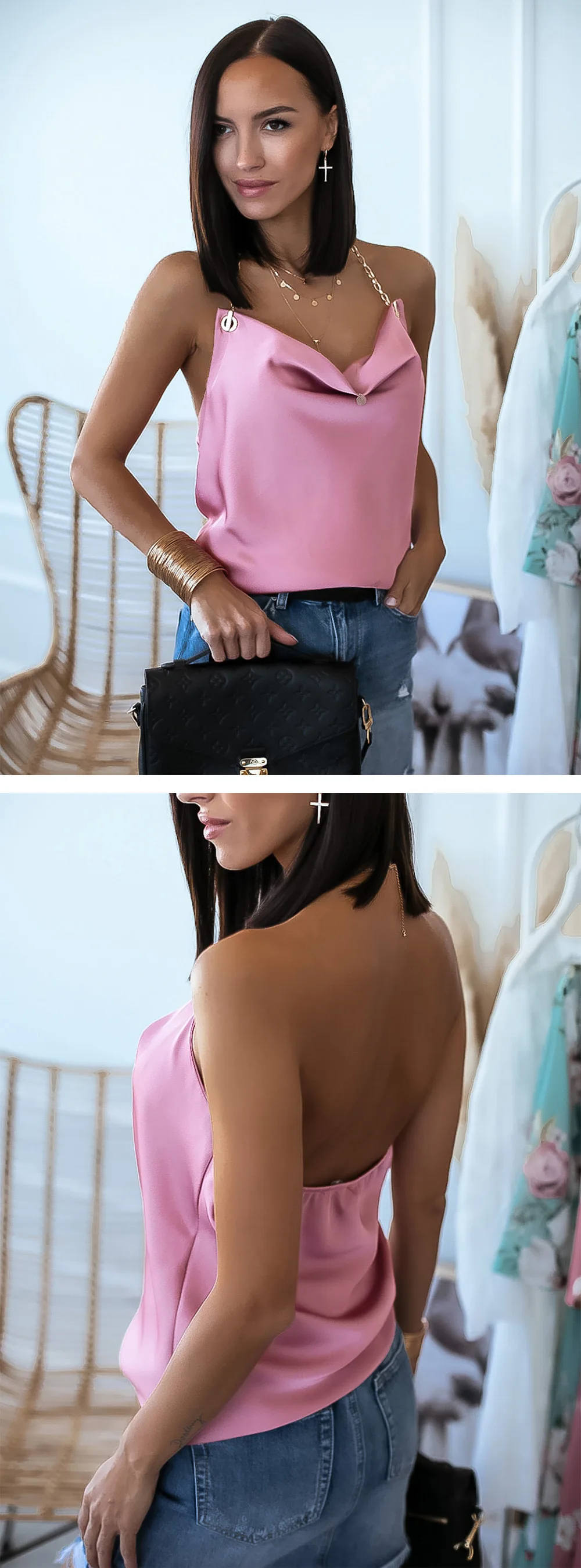New Sexy Camisole Women's 2022 Summer Fashion V-Neck Chain Vest Streetwear Open Back Solid Color Slim Pullover Tops Ropa Mujer half bra