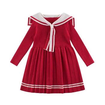 

Long-sleeved Dress 2020 Autumn and Winter Navy Style New Children Girls Princess Skirt Sweater Sweater Skirt Base