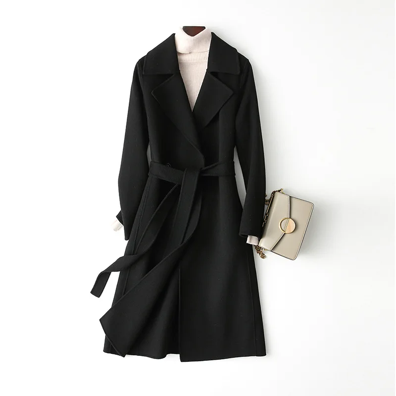 

Double-sided woolen cashmere coat women's mid-length 2021 new Korean fashion slim black solid color coat