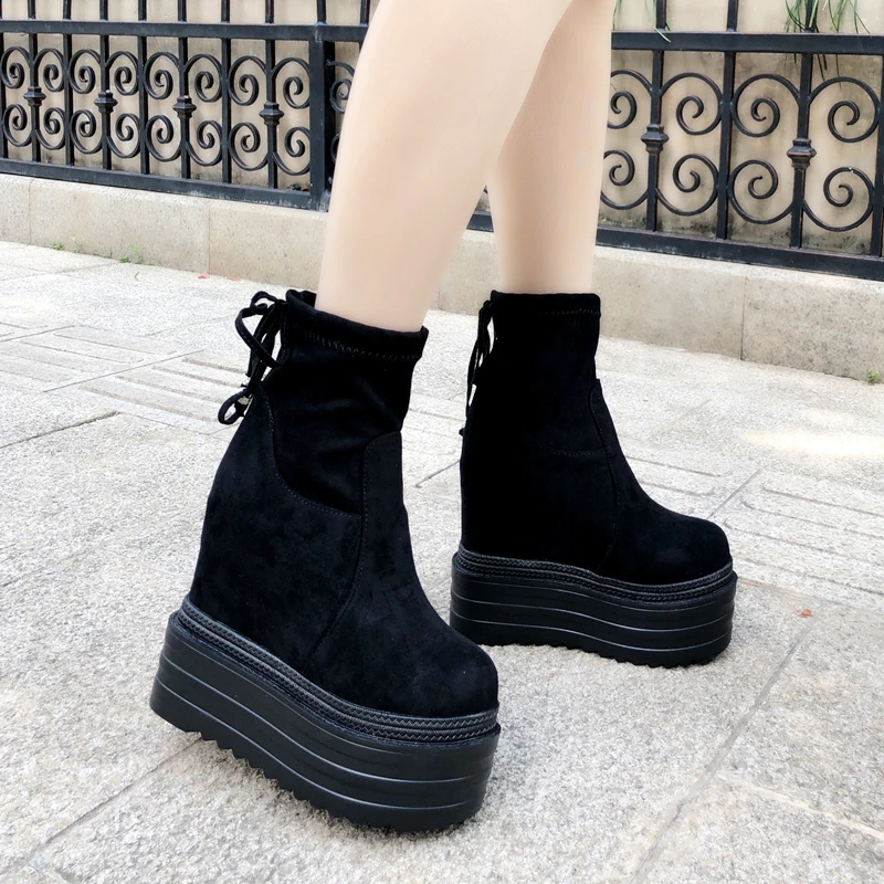 

2019 Elastic Womens Boots 13Cm Thick-Sole Within Increase Martin Boots Plus Velvet Warm Cotton Boots Wedges Middle Tube Boots 39