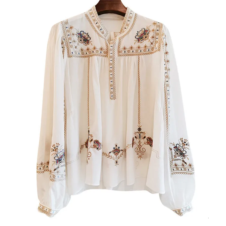 TVVOVVIN Indie FolK Nation Style Embroidery Floral Shirt Woman Lantern Sleeve Chiffon Shirt Long Latern Sleeve Shirt ZX131 - Цвет: white