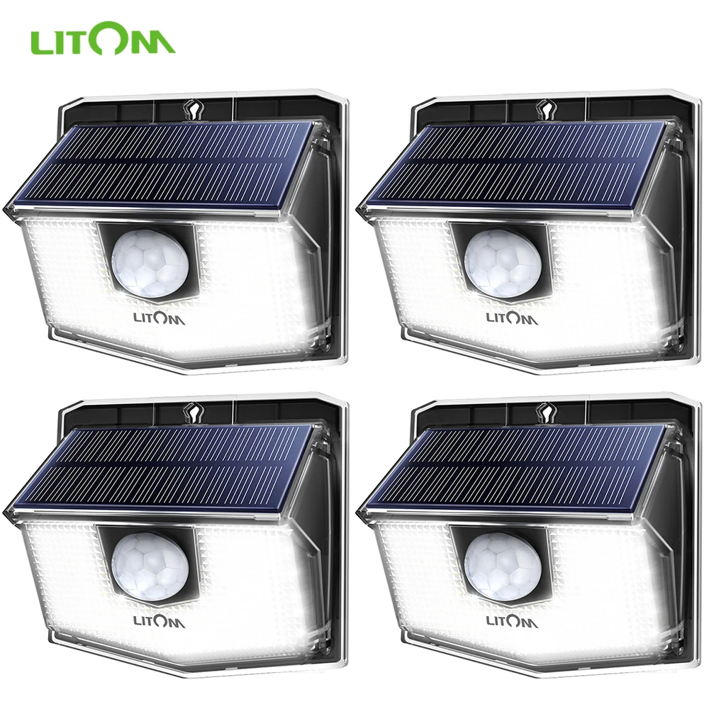 4 Pack LITOM 60 LED Solar Lights Outdoor Garden 270° Wide Angle IPX7 Waterproof Solar Powered Motion Sensor Wireless Wall Lights