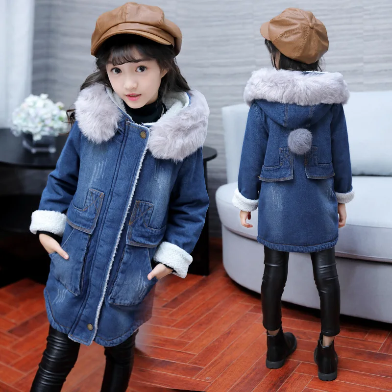 

Children Girls Denim Jacket Large Fur Collar Hooded Denim Outerwear Winter Lambswool Cowboy Jacket for Girls 4 6 8 10 12 Years