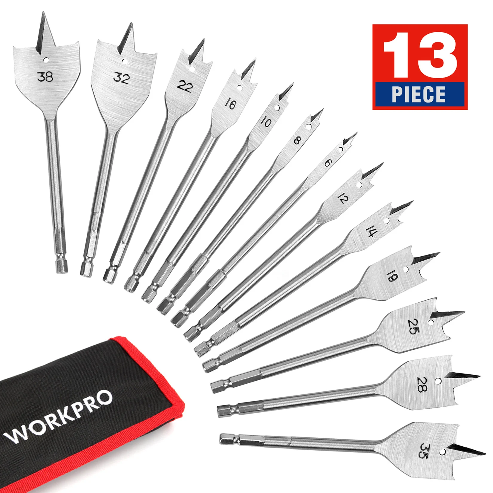 WORKPRO13PieceSpadeDrillBitSetinMetricPaddleFlatBitsfor