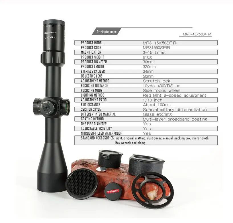 T-Eagle MR 3-15X50SFIR прицел с боковой регулировкой, подсвеченный красным секундным указателем для плоского прицела, SFP AirRifle, снайперская охотничья ловля, оптика, прицел, Тактический Охотник, красная точка с креплением, кольца