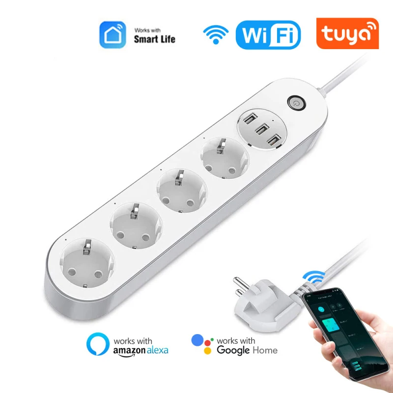 Wi-Fi Tuya Smart Мощность полосы 4 ЕС розетки 10A розетка 3USB зарядки Порты и разъёмы