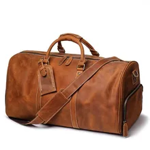 Натуральная кожаная сумка, дорожные сумки, Качественная мужская спортивная сумка для багажа, большая вместительность с плечевым ремнем Crazy Horse, кожаная сумка
