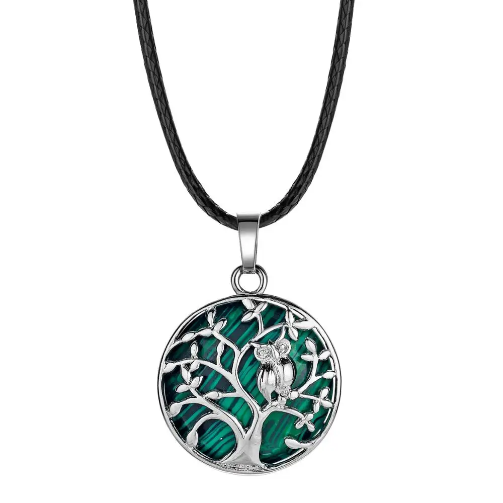 Malachite ASHMITA серебряный кулон жизнь дерева маленькая Сова эфирные масла диффузор круглый камень ожерелье медальон для женщин Кристалл Чакра Ювелирные изделия - Окраска металла: Malachite