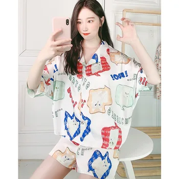 

Summer Woman Pajamas White Pijama Lapel Pyjamas Cute Short Sleeve Lounge Sleepwear 2 Pieces Set Nightwear Cute Printing Homewear