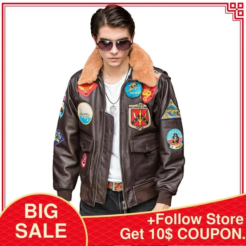 

2020 Brown Men Military Pilot Leather Jacket Europe Size XXL Genuine Thick Cowhide TOP GUN Aviator Leather Coat FREE SHIPPING