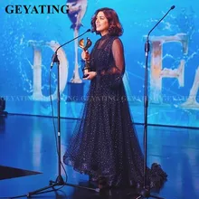 Блестящее черное Тюлевое длинное арабское вечернее платье с длинными рукавами мусульманский с высокой шеей Дубай Формальные платья плюс размер женские вечерние платья для выпускного вечера