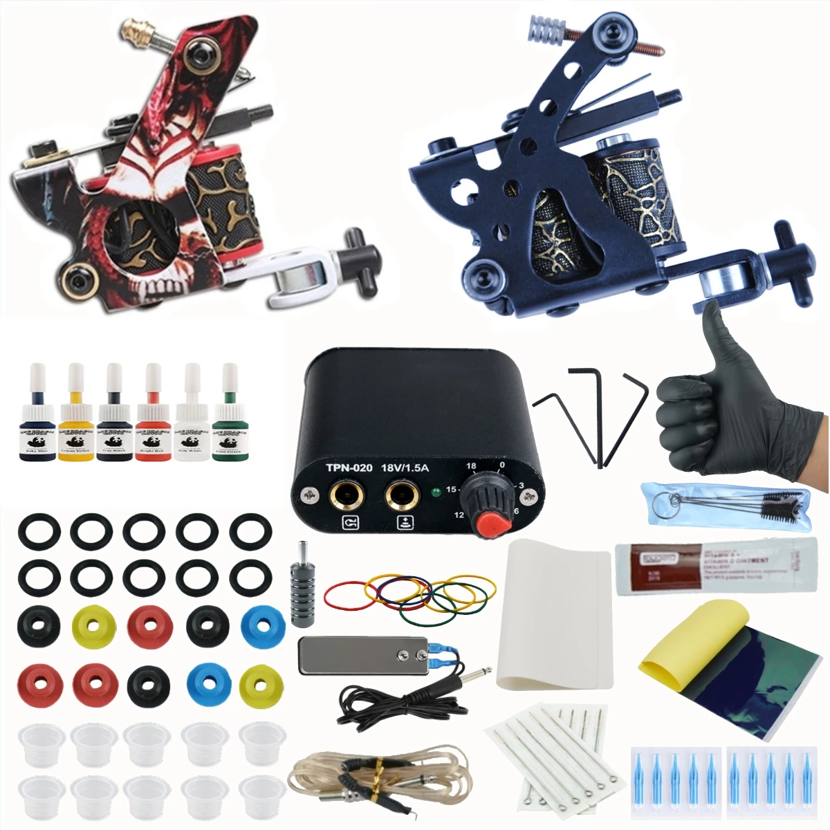 

Tattoo Set 2 Coils Guns 6Bottle Pigment Inks Sets Power Supply Permanent Makeup Complete Tattoo Machine Kit
