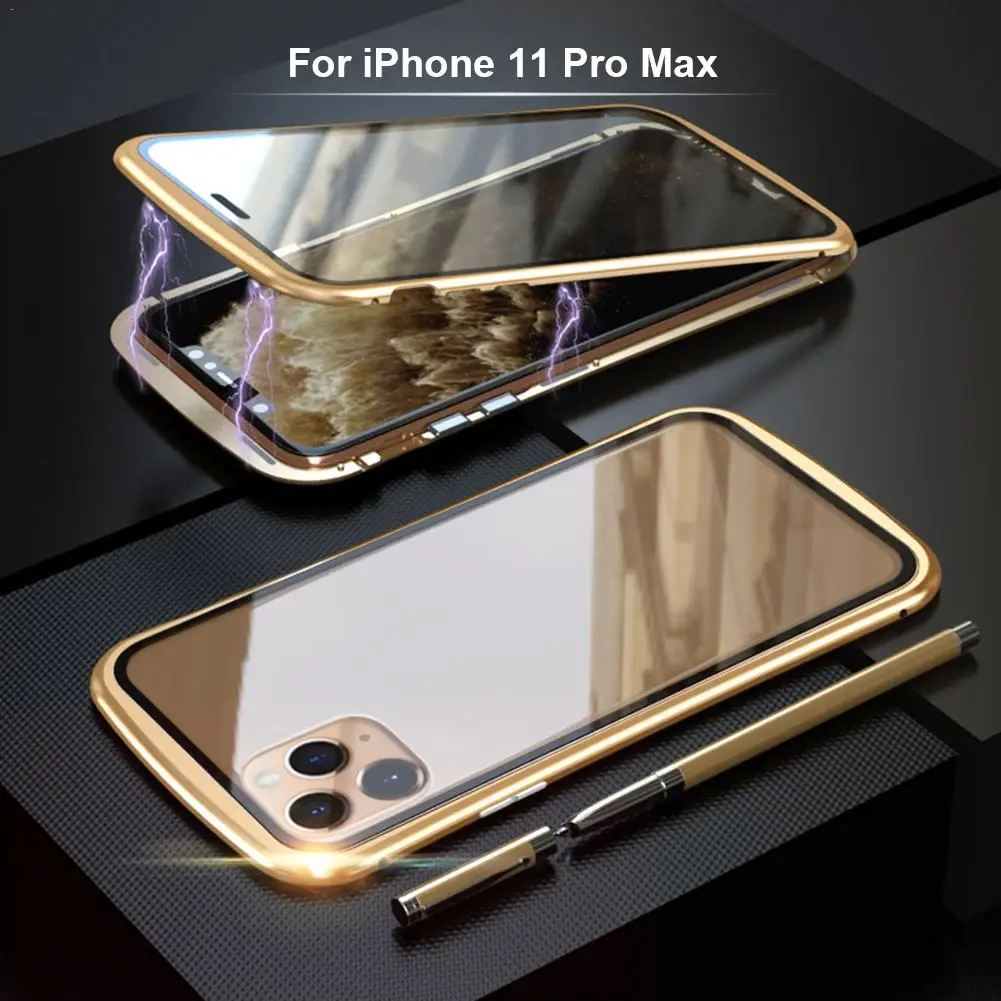 Магнитный адсорбционный Чехол для мобильного телефона IPhone 11 Pro Max металлическая рамка двойное закаленное стекло покрытие магнитное притяжение - Цвет: Золотой