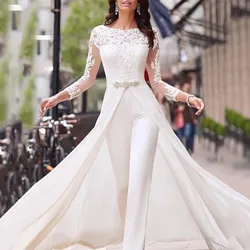 Jumpsuit Lace Wedding Dresses With Detachable Train Long Sleeves O-Neck Formal Elegant Bridal Gowns Beaded vestidos de novia