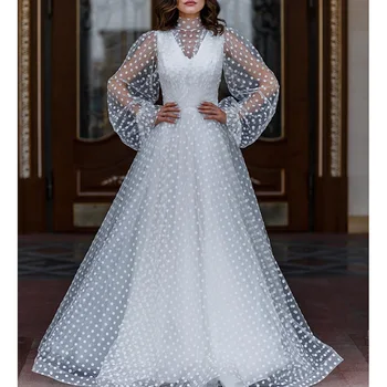 

Ordifree 2020 Summer Women Long Tulle Dress Long Sleeve See Through White Polka Dot Maxi Party Dress
