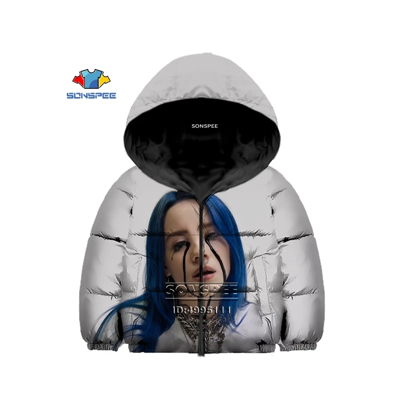 Billie Eilish/Американский юный певец, детский зимний пуховик с 3D принтом хлопковая куртка с капюшоном, теплое пальто тонкое хлопковое пальто для мальчиков и девочек