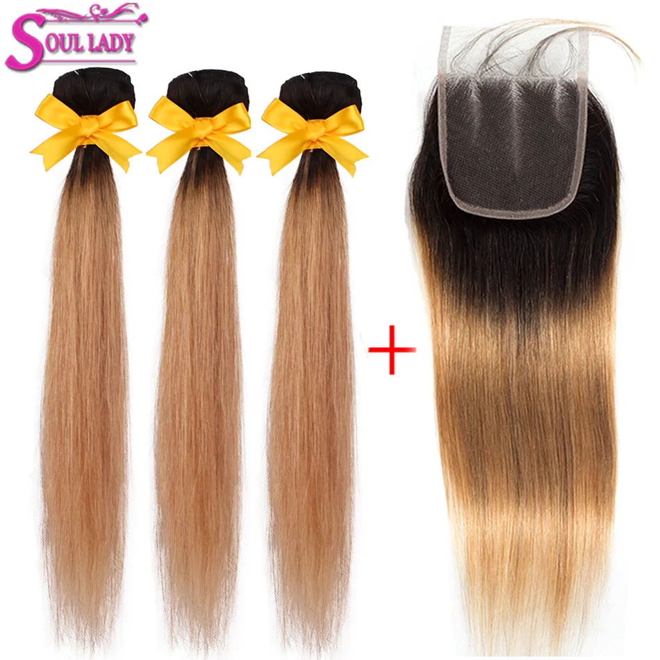 

Soul Lady Colored Blonde Bundles With Closure 1B/27 Two Tone Color Remy Peruvian Ombre Straight Human Hair Bundles With Closure