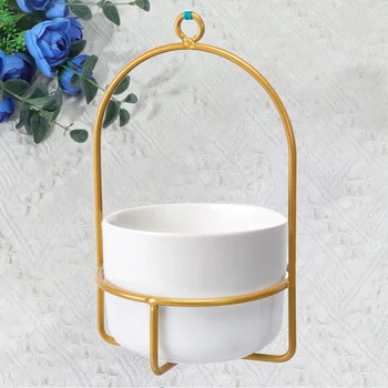 

1 Set Wall Hanging Flower Pot Iron Rack Ceramic Flowerpot Home Wall Hanging Decor for Home (Golden Frame, White Flowerpot)