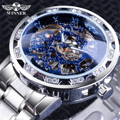 

T-Winner Hollow out with Diamond Men Manual Analog Watch Casual Waterproof Steel Belt Mechanical MEN'S Watch