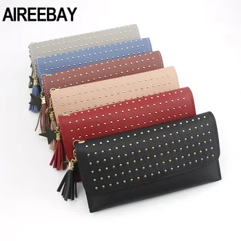 

AIREEBAY New Women Leather Wallets Female Long Tassel Purses Woman Phone Cion Card Holders Ladies Clutch Bag With Rivet