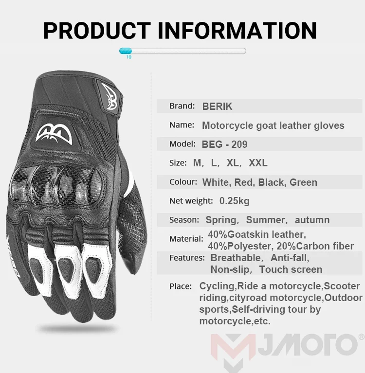 BERIK Motorcycle Leather Gloves Men Carbon Fiber Protection Racing Glove Screen Touch Sheepskin Motocross Glove M-XXL Electric Helmet Motorcycle