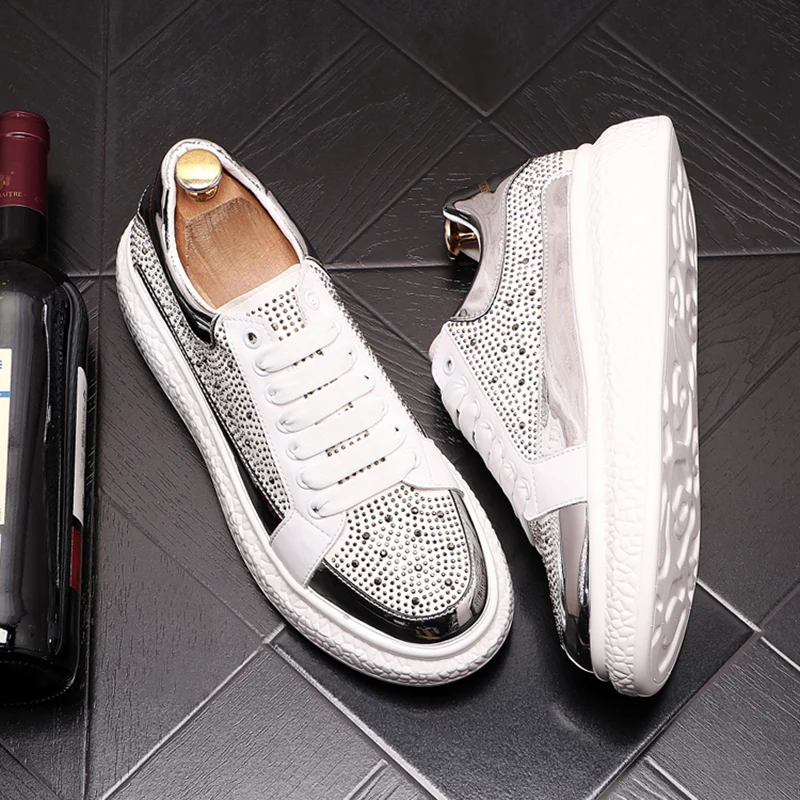 

England style mens fashion party nightclub dress cow leather rhinestone shoes lace-up flats platform sneakers trend footwear man