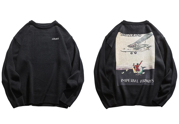 LENSTID Autumn Mens Hip Hop Switzerland Retro Painting Knitted Pullovers Harajuku High Quality Fashion Streetwear Male Sweaters - Цвет: Черный