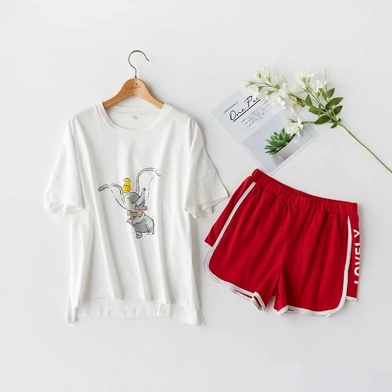 Summer Cotton White T-shirt Cartoon Printing Pajamas Short Sleeve Sleepwear Shorts 2 Piece Women Wear Loungewear Home Clothes - Цвет: Красный