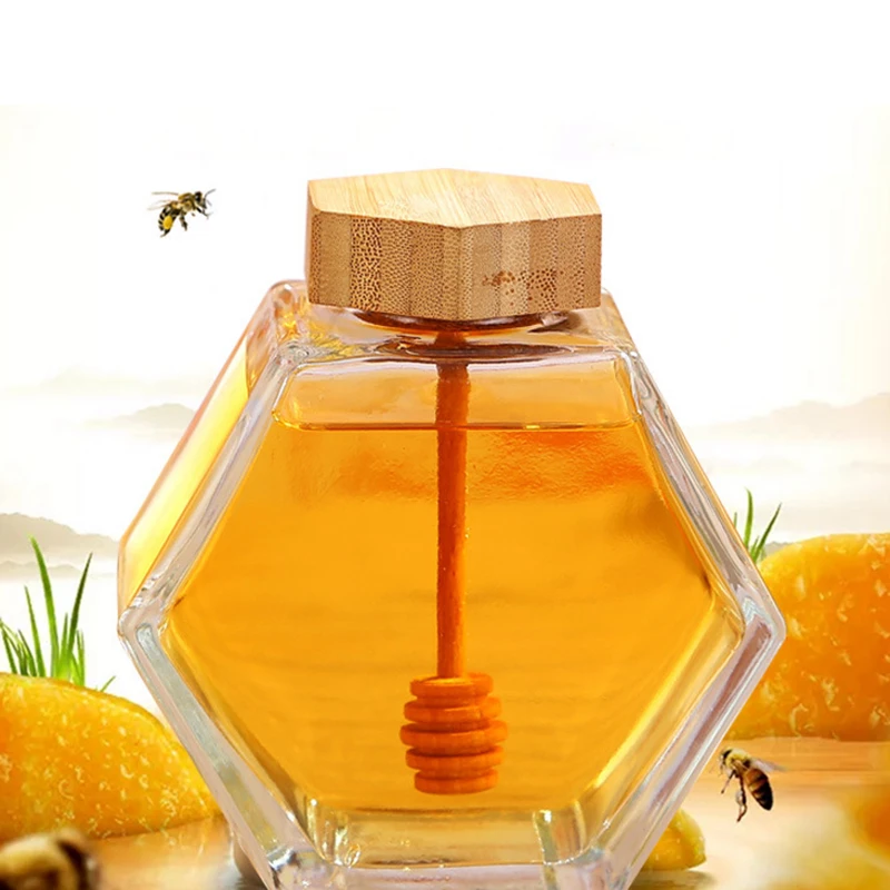 X60 Honey Pot 220ml/8oz Volume 12oz Honey Weight Hexagonal Glass Jar with Wooden Dipper Cork Lid Cover for Home Kitchen