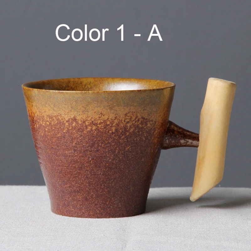 Винтажная кофейная кружка из сырой керамики с глазурью ржавчины, деревянная рукоятка, чай, молоко пиво, чашка для воды, домашняя офисная кружка 300 мл - Цвет: Color 1 - A