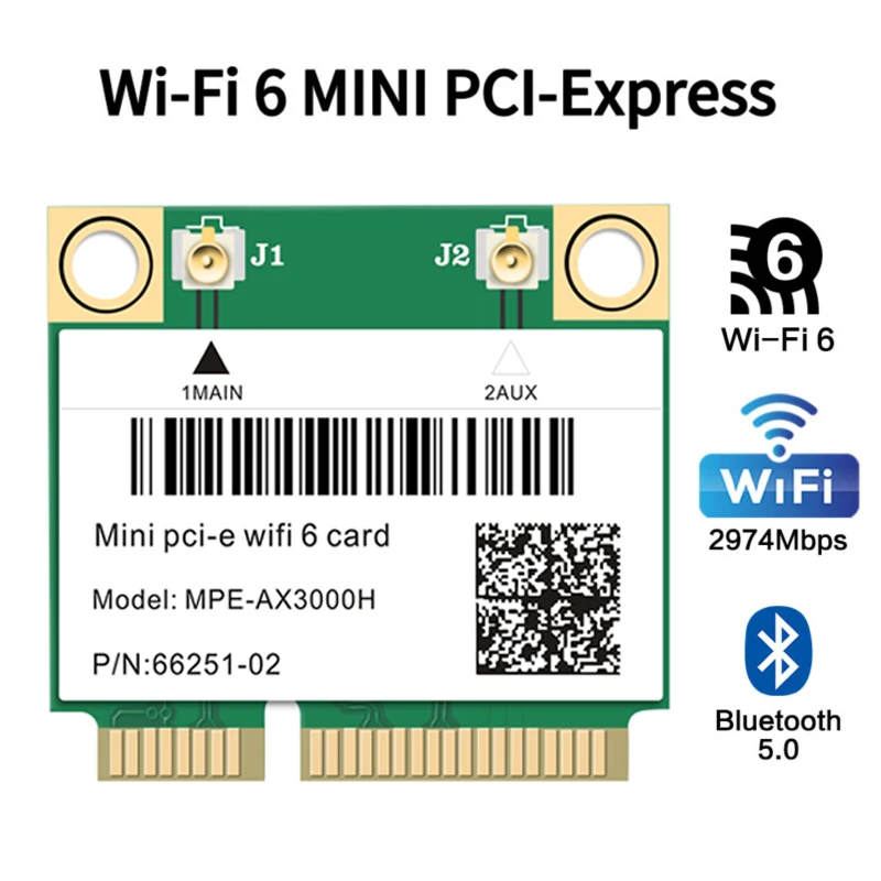 

Wifi 6 Dual Band 3000Mbps MPE-AX3000H Wireless Half Mini PCI-E Wifi Card Bluetooth 5.0 802.11ax/ac 2.4Ghz 5Ghz Adapter Laptop
