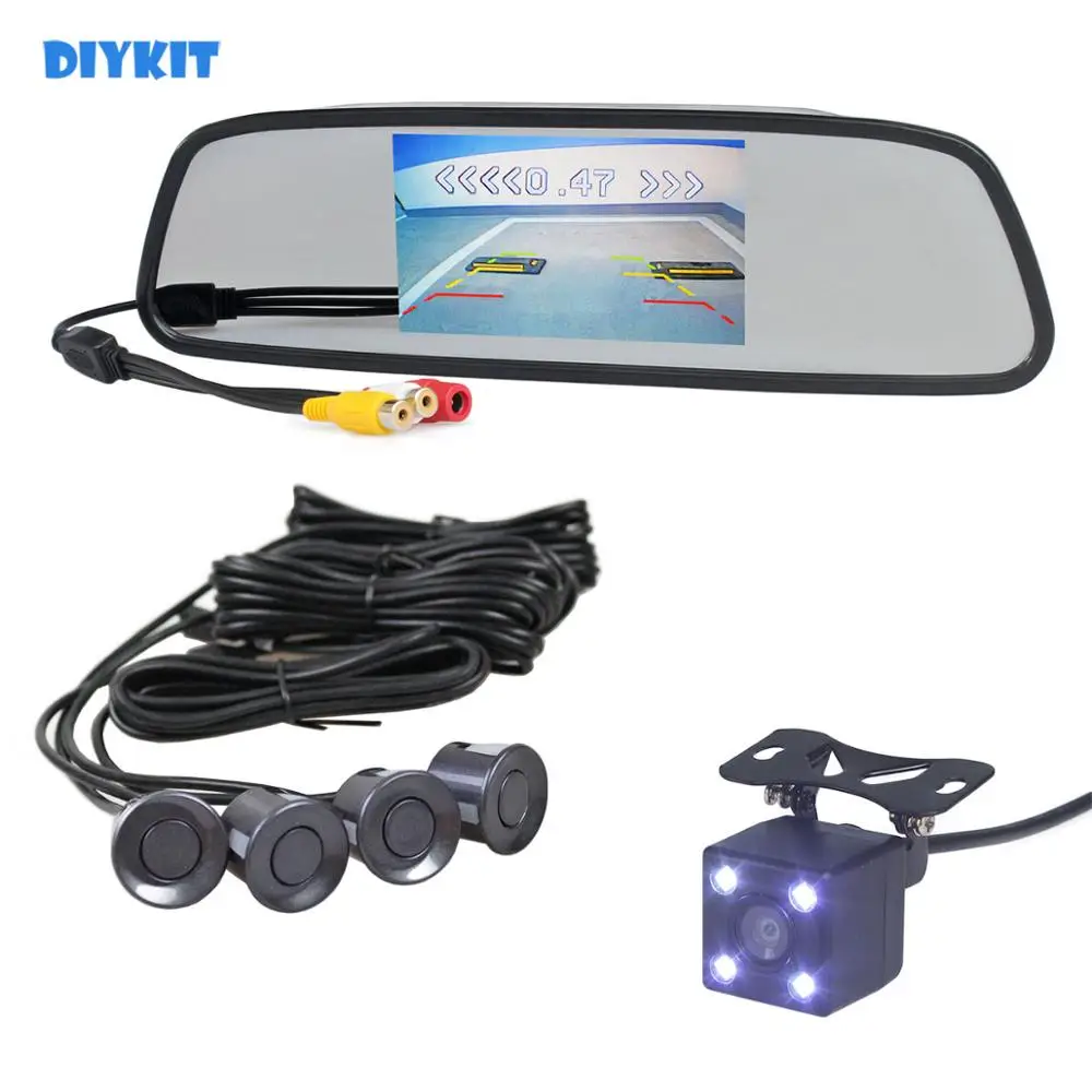 DIYKIT 5 дюймов автомобиля зеркало монитор видео-Радар для парковки 4 Датчики+ 4 x светодиодный заднего вида автомобиля Камера Парковочные системы Системы