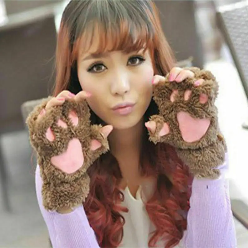 New Women Bear Cat Claw Paw Mitten Plush Glove Costume Warm Winter Half Finger Gloves - Цвет: Хаки