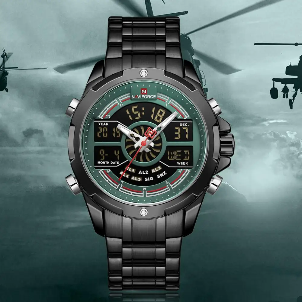 NAVIFORCE Men Sport Stop Watch Luminous Hands and LED display Multiple Time Zone Quartz Watches For Male Clock Chronograph Watch