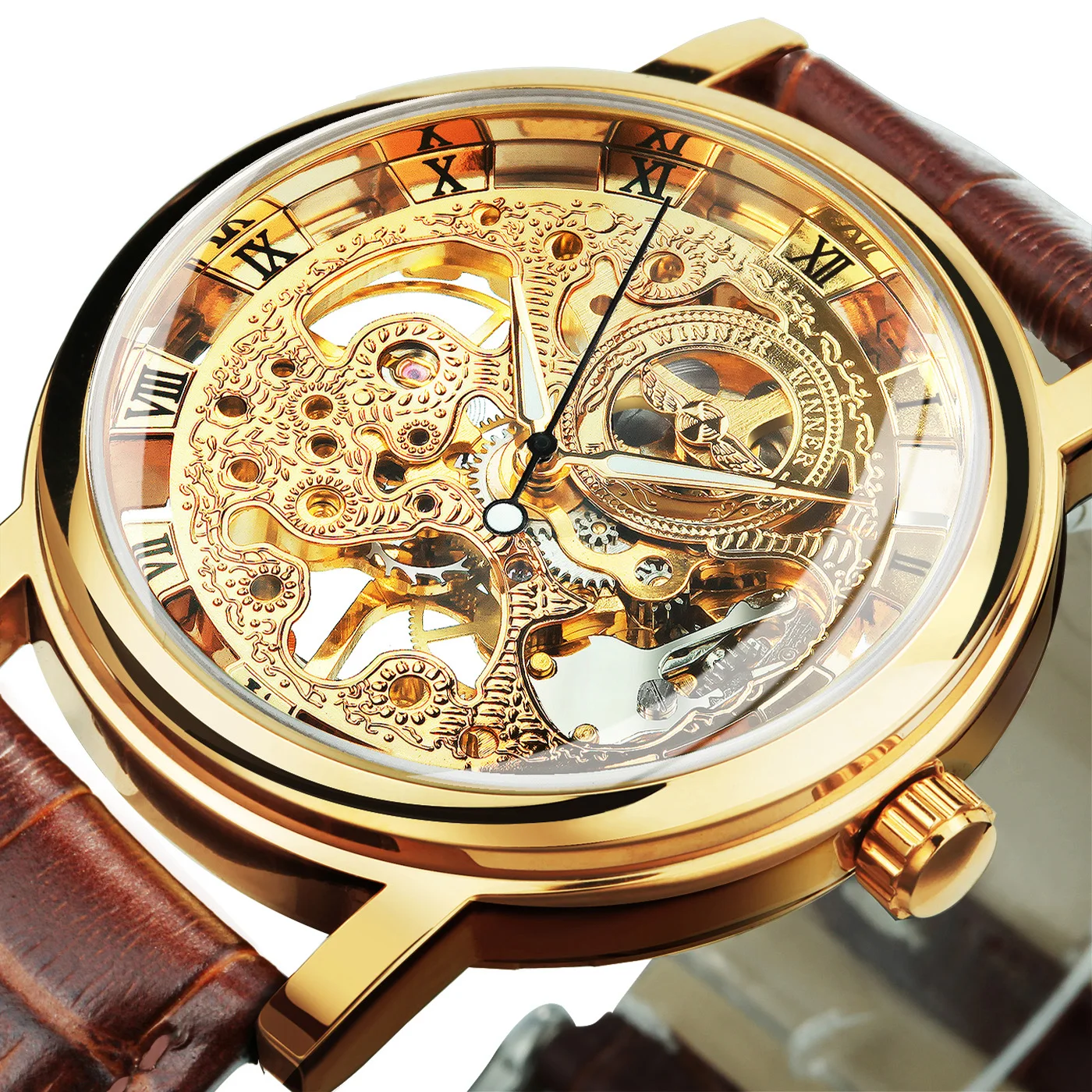 Gold Watch Men Fashion Skeleton Mens Watches Luxury Business Clock Leather Strap Wristwatch