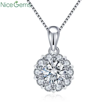 

NiceGems Solid 18K White Gold Center 6.5mm 1ct DF Color Round Brilliant Moissanite Pendent Necklace18 Inch Chain for Women gift